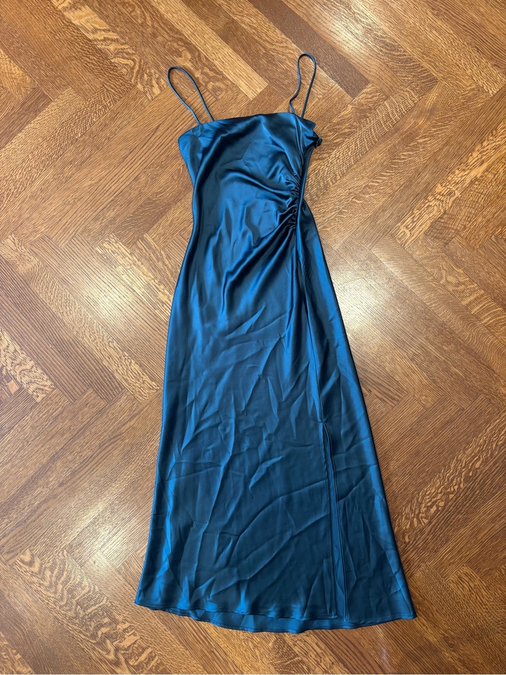 Satin Slip Dress with Side Ruching - Teal Blue